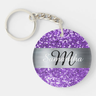 Sparkly Purple Glitter Silver Foil Monogram Key Ring