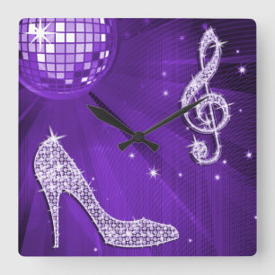 Sparkly Purple/ Lilac Music Note & Stiletto Heel Square Wall Clock