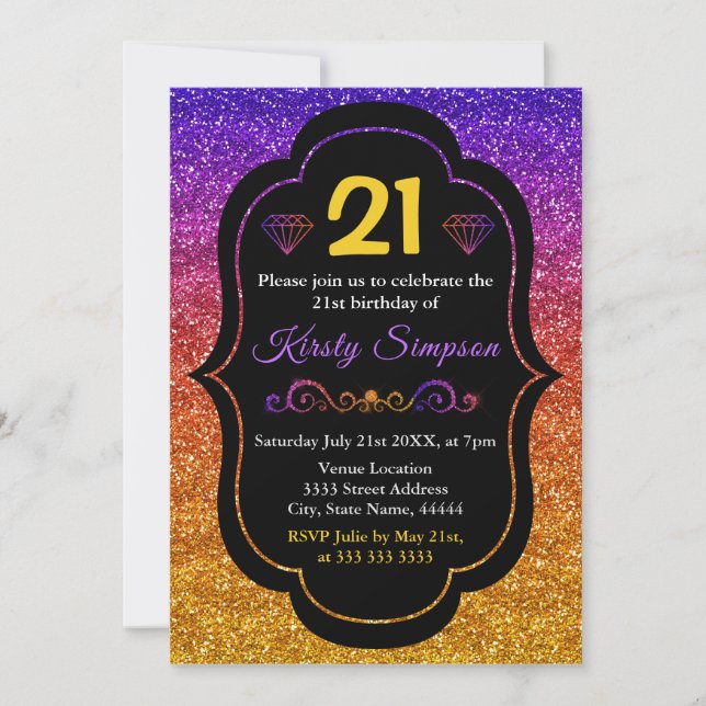 Sparkly Purple & Orange Gradient Glitter Birthday Invitation (Front)
