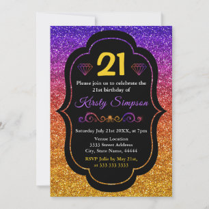 Sparkly Purple & Orange Gradient Glitter Birthday Invitation