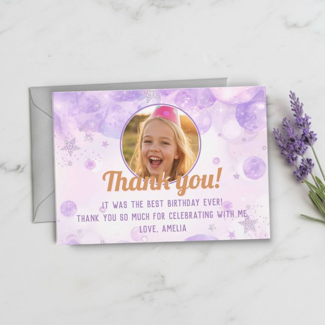 Sparkly Purple Photo Girls Birthday Party Thank You Card (Creator Uploaded)
