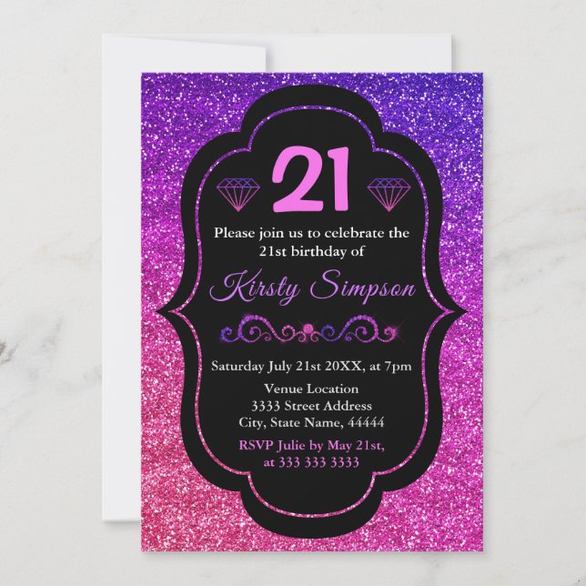 Sparkly Purple & Pink Gradient Glitter Birthday Invitation (Front)