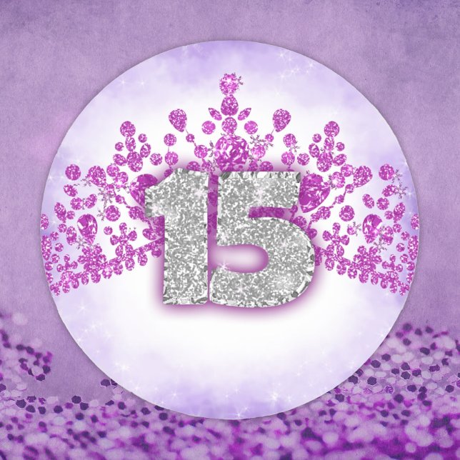 Sparkly Purple & Pink Tiara Quinceanera Sticker (purple pink silver quinceanera number 15 stickers, silver glitter fifteen fifteenth birthday party)