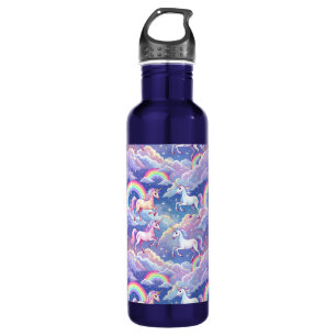 Sparkly rainbow and unicorns on clouds 710 ml water bottle