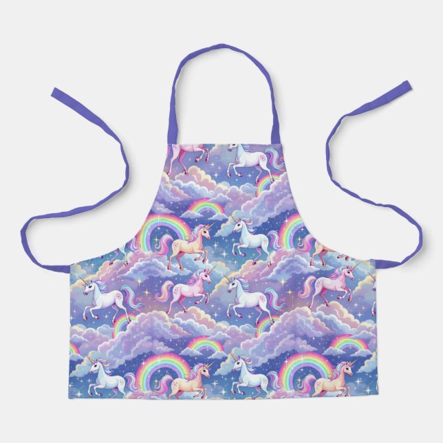 Sparkly rainbow and unicorns on clouds apron (Front)