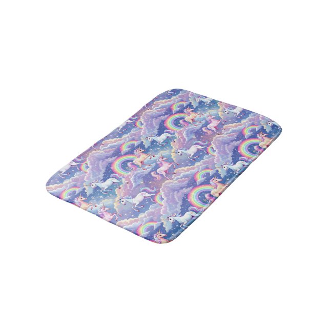 Sparkly rainbow and unicorns on clouds bath mat (Angled)