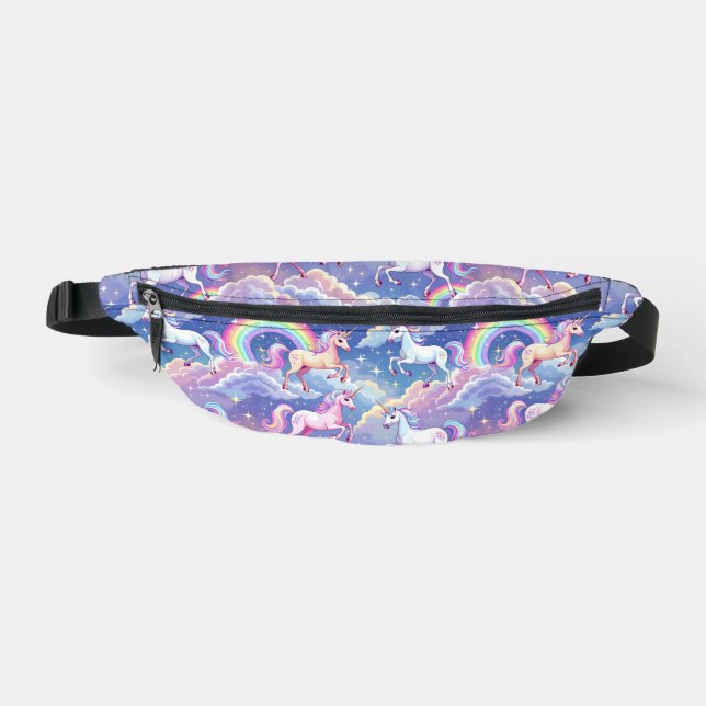 Sparkly rainbow and unicorns on clouds bum bags (Front)