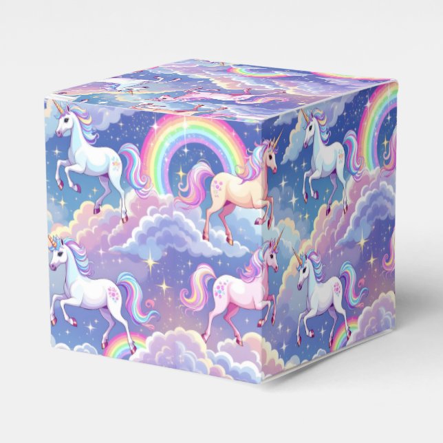 Sparkly rainbow and unicorns on clouds favour box (Front Side)