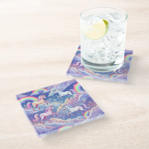 Sparkly rainbow and unicorns on clouds glass coaster