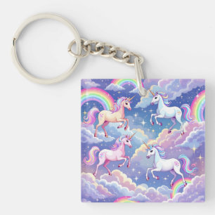 Sparkly rainbow and unicorns on clouds key ring