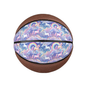 Sparkly rainbow and unicorns on clouds mini basketball