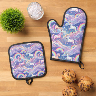 Sparkly rainbow and unicorns on clouds oven mitt & pot holder set