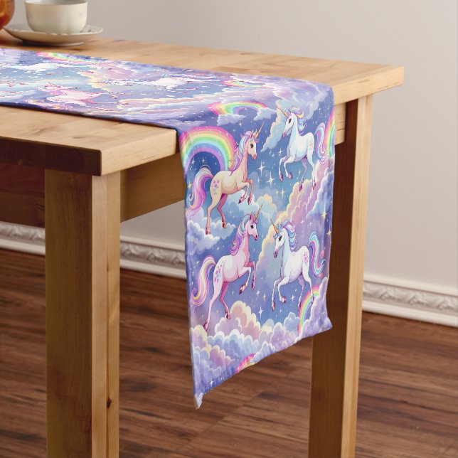 Sparkly rainbow and unicorns on clouds short table runner (In Situ)