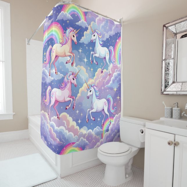 Sparkly rainbow and unicorns on clouds shower curtain (In Situ)
