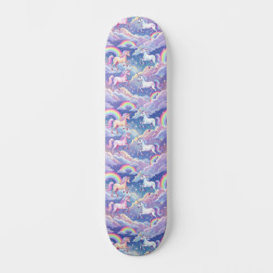 Sparkly rainbow and unicorns on clouds skateboard