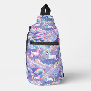 Sparkly rainbow and unicorns on clouds sling bag
