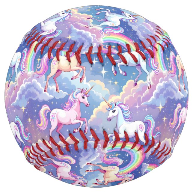 Sparkly rainbow and unicorns on clouds softball (Front)