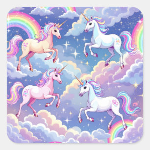 Sparkly rainbow and unicorns on clouds square sticker