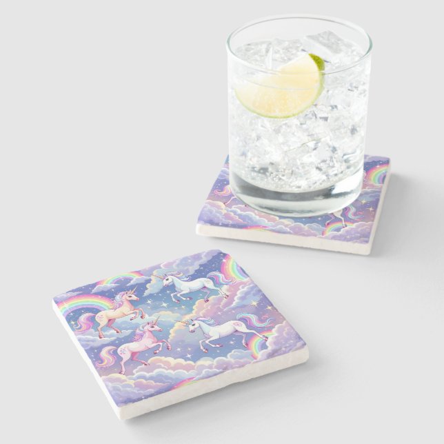 Sparkly rainbow and unicorns on clouds stone coaster (Side)