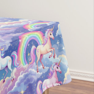Sparkly rainbow and unicorns on clouds tablecloth