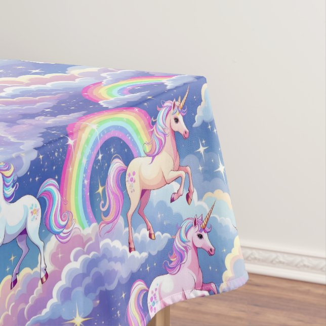Sparkly rainbow and unicorns on clouds tablecloth (In Situ)