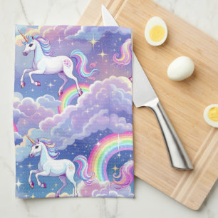 Sparkly rainbow and unicorns on clouds tea towel