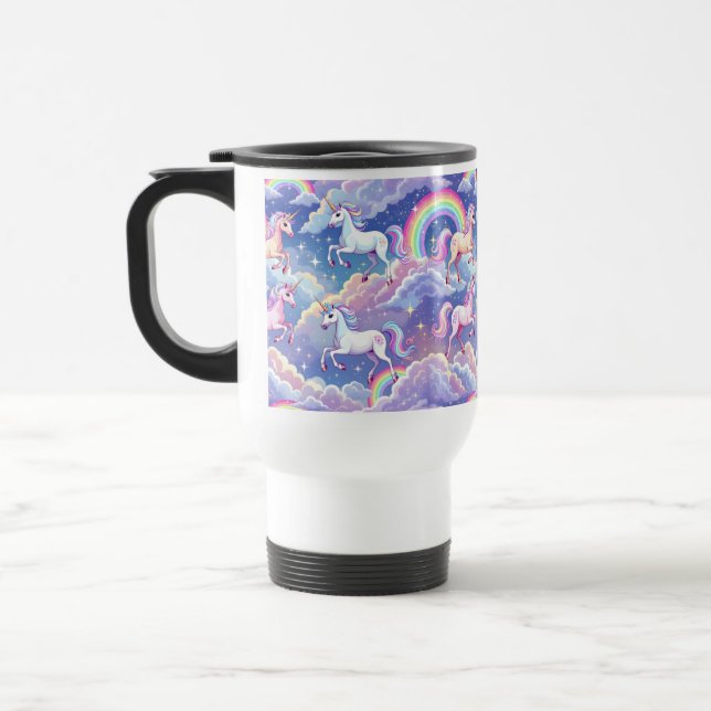 Sparkly rainbow and unicorns on clouds travel mug (Left)