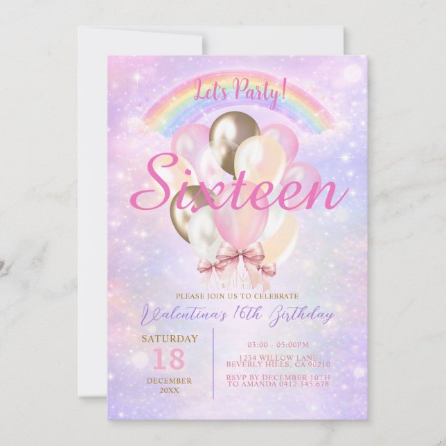 Sparkly Rainbow Glitter Balloon 16th Birthday Invitation (Front)