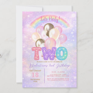 Sparkly Rainbow Glitter Balloon 2nd Birthday Invitation