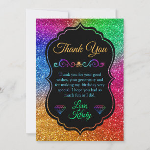 Sparkly Rainbow Gradient Glitter Birthday Thank You Card