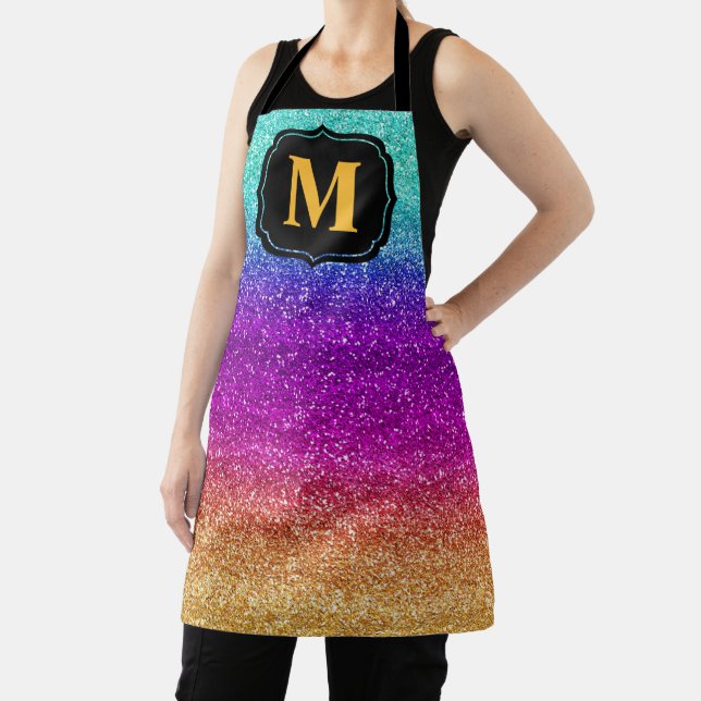 Sparkly Rainbow Gradient Glitter Monogram Apron (Insitu)