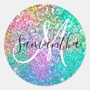 Sparkly Rainbow Mermaid Faux Glitter Monogram Classic Round Sticker