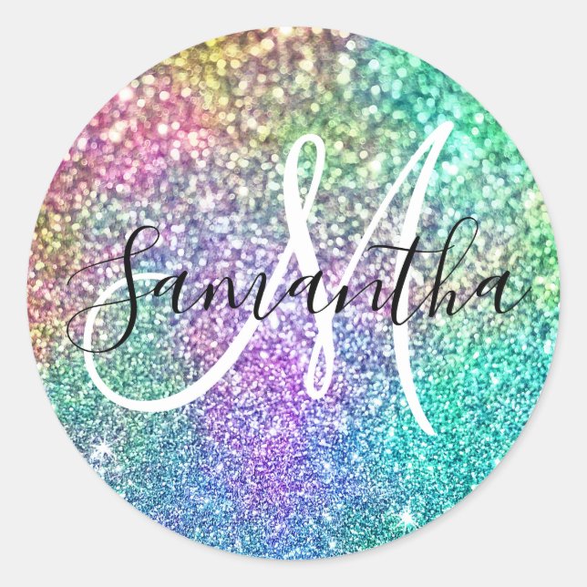 Sparkly Rainbow Mermaid Faux Glitter Monogram Classic Round Sticker (Front)