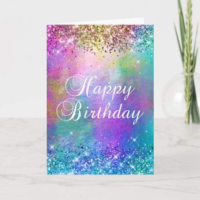 Sparkly Rainbow Mermaid Glitter Happy Birthday Card (Front)