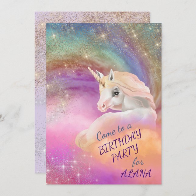 Sparkly Rainbow Universe Unicorn Birthday Party Invitation (Front/Back)