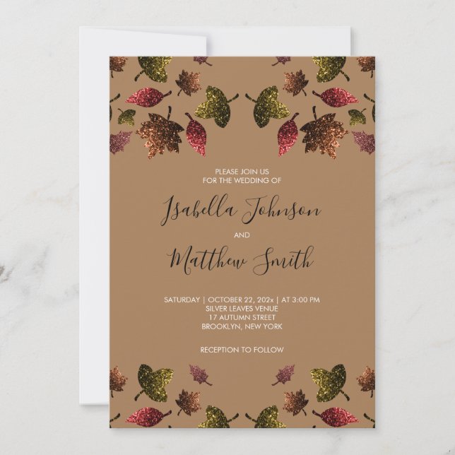 Sparkly red brown gold leaves fall autumn Wedding Invitation (Front)