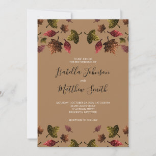 Sparkly red brown gold leaves fall autumn Wedding Invitation