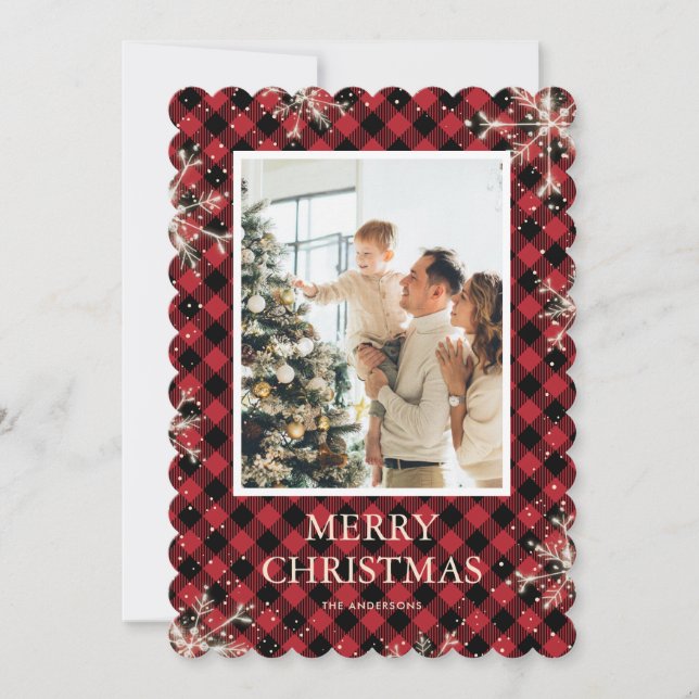 Sparkly Red Buffalo Plaid Photo Merry Christmas Holiday Card (Front)