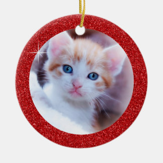 Sparkly Red Glitter Adorable Family Kitten Photo Ceramic Tree Decoration