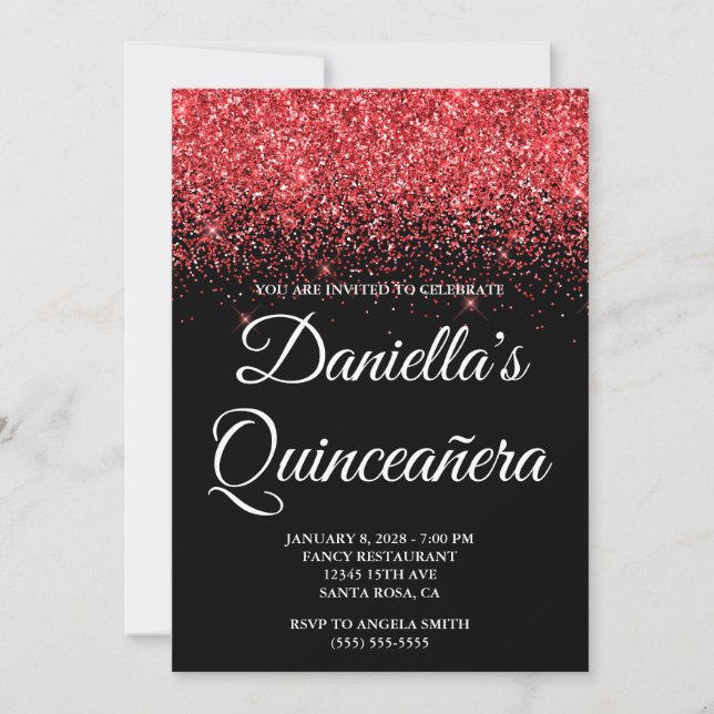 Sparkly Red Glitter Black Quinceañera Invitation (Front)