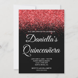 Sparkly Red Glitter Black Quinceañera Invitation
