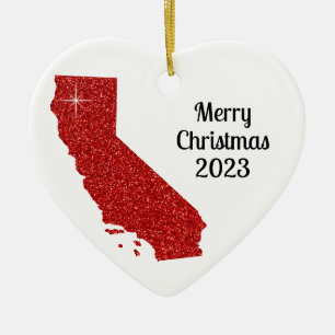Sparkly Red Glitter California Merry Christmas Ceramic Tree Decoration
