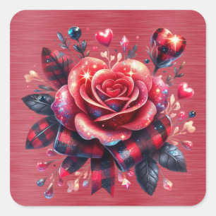 Sparkly Red Rose Plaid Ribbon Square Sticker