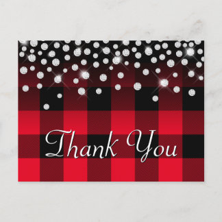 Sparkly Rhinestone Red Buffalo Plaid Thank You Postcard