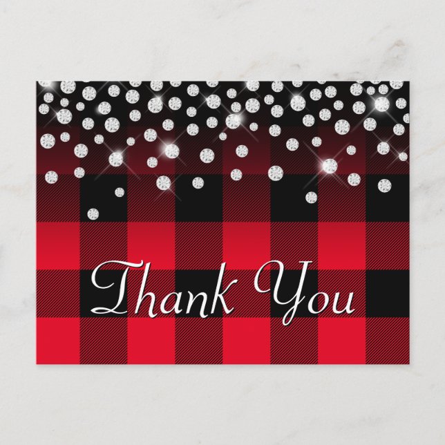 Sparkly Rhinestone Red Buffalo Plaid Thank You Postcard (Front)