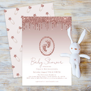 Sparkly Rose Gold Baby Shower Feet Glitter Drips Invitation
