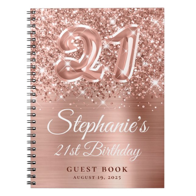 Sparkly Rose Gold Balloon 21st Birthday Guestbook Notebook (Front)
