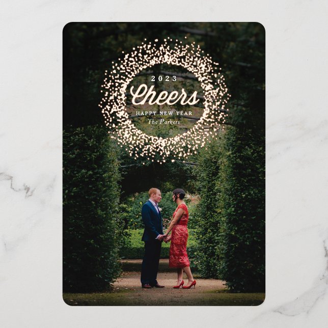 Sparkly Rose Gold Cheer Happy New Year Foil Holiday Card (Front)