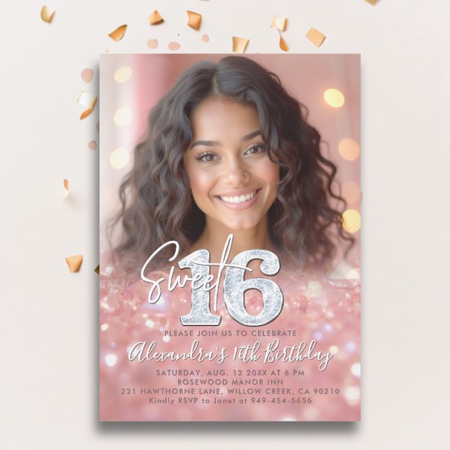 Sparkly Rose Gold Diamonds Chic Photo Sweet 16 Invitation (sweet sixteen invitation 16th birthday rose gold blush pink diamonds photo template elegant classy)