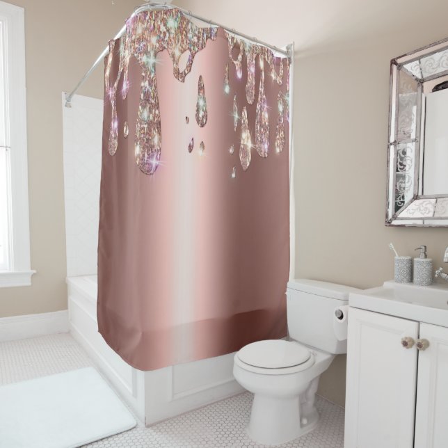 Sparkly Rose Gold Drip | Diamond Glitter on Sateen Shower Curtain (In Situ)